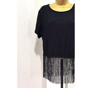 W5 Anthropologie Fringe Crop Top Womens XL Black Boho Punk Rocker Fairy Grunge